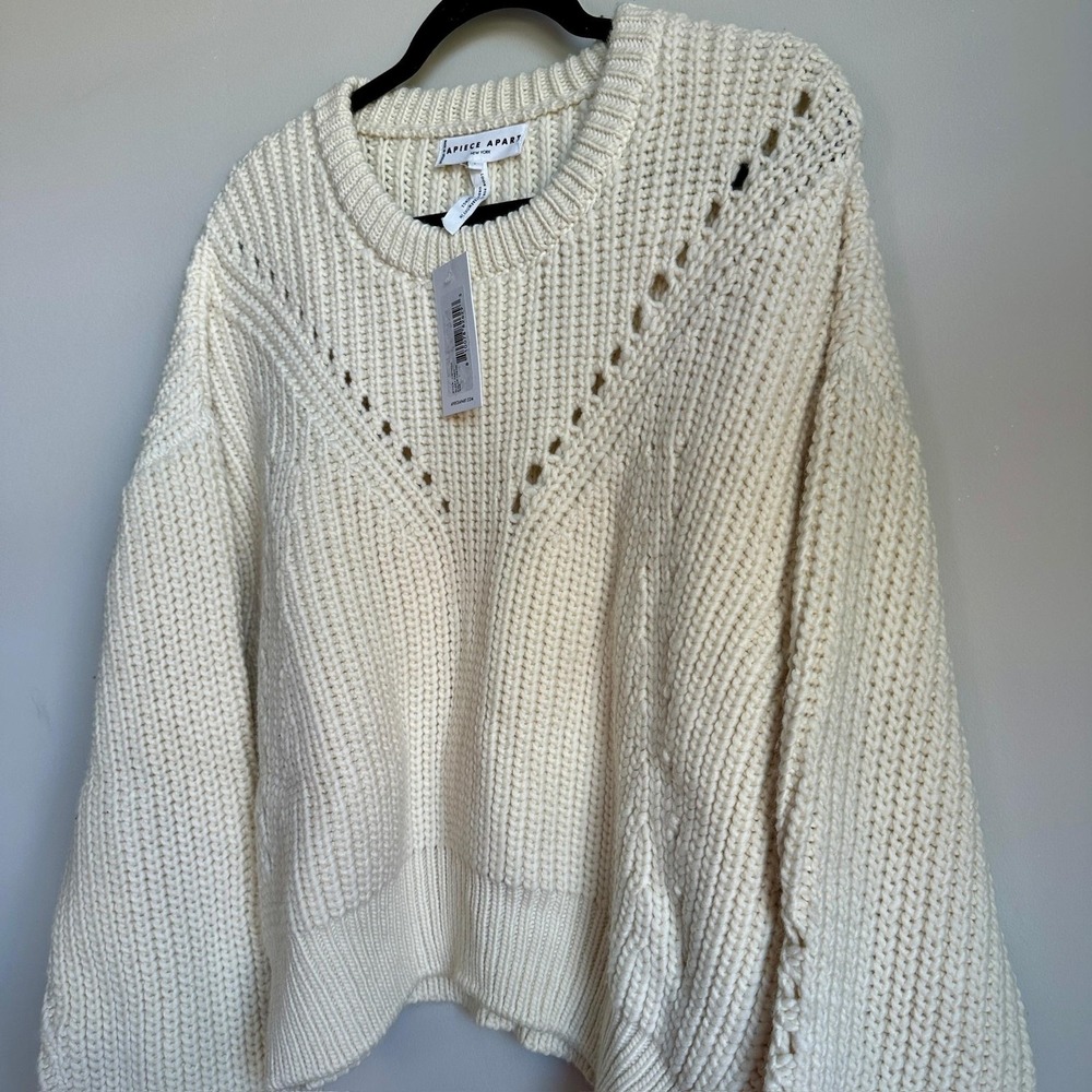 Apiece Apart Sweater Womens Large Ecru Tinitha Lace Merino Wool Chunky Knit NWT - Picture 6 of 10